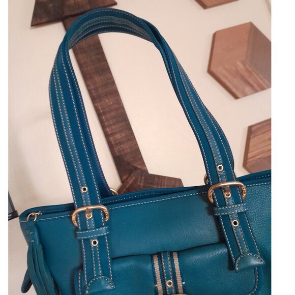 Leather 100% Nylon Trim The Sak Teal Blue Gold Shoulder Bag Medium - Picture 5 of 9